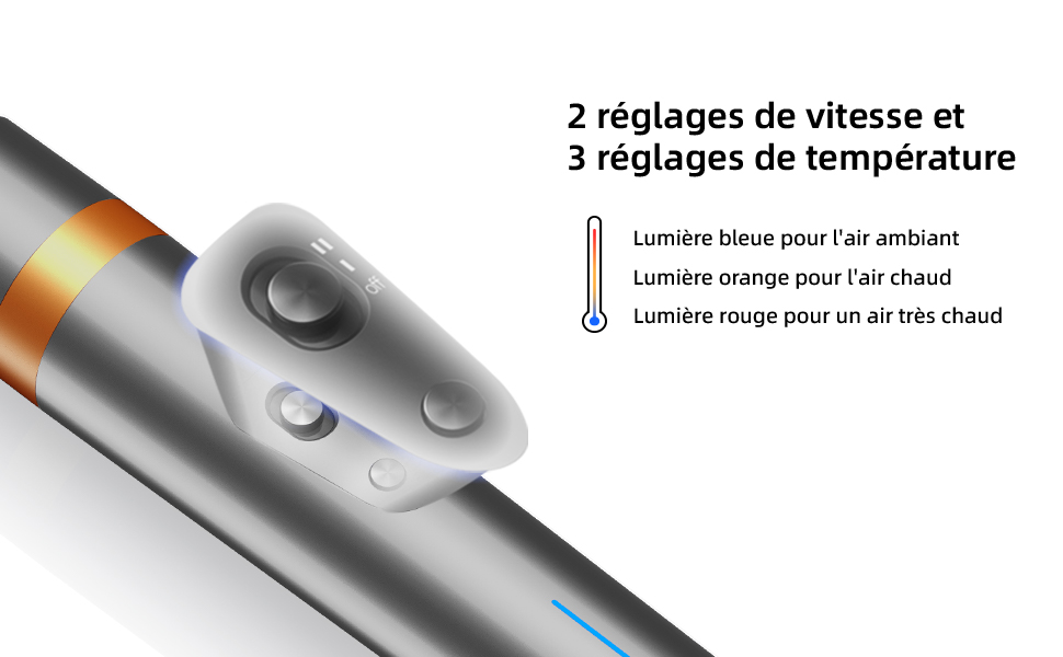 Gros plan d'un appareil cylindrique avec commandes de température. Les caractéristiques comprennent 2 réglages de vitesse, 3 réglages de température et des lumières à code couleur pour l'air ambiant, chaud et très chaud