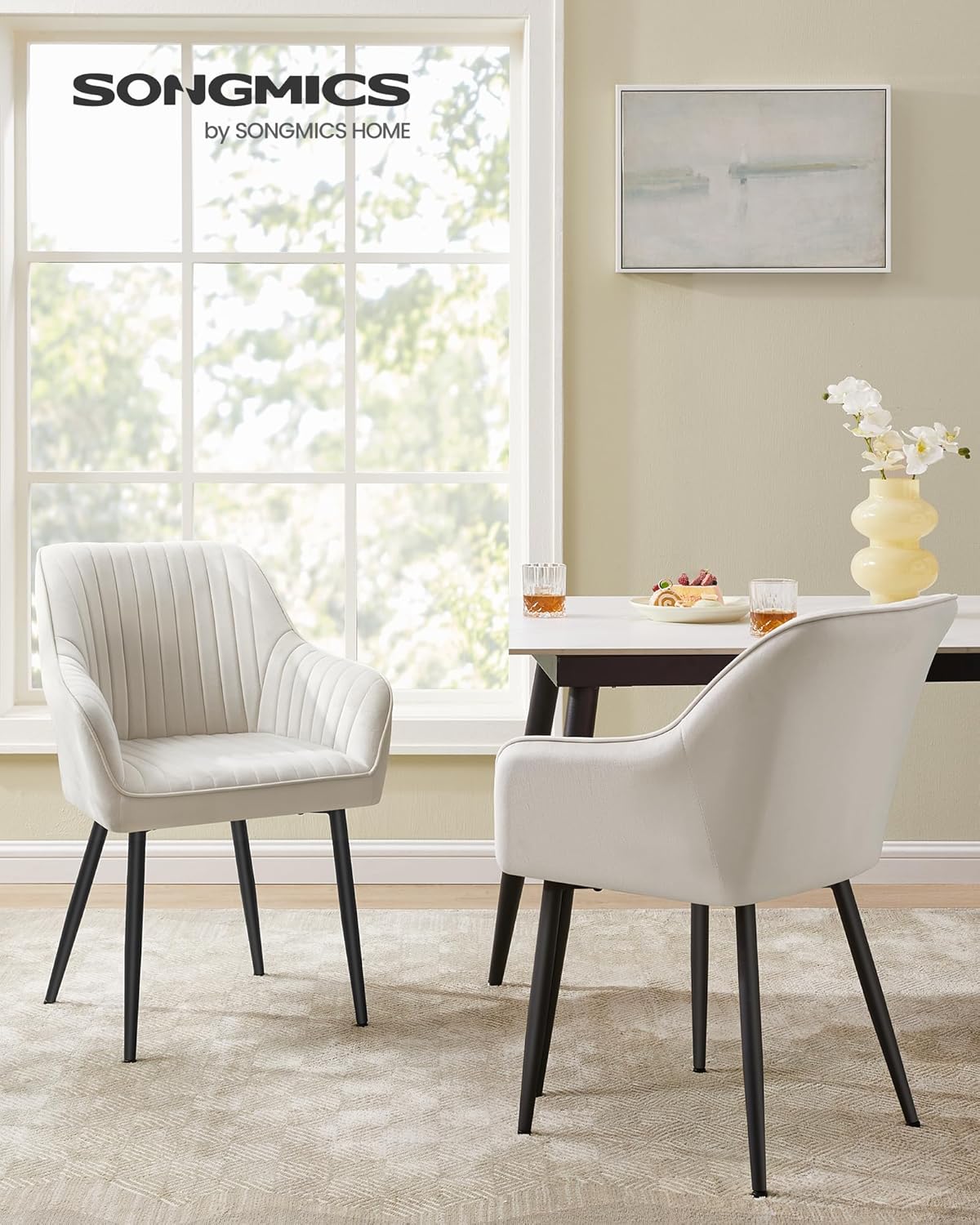 SONGMICS - fauteuil salle à manger 6 places, velours, accoudoirs, pieds métal, 120kg, beige cappuccino/noir - LDC087W16