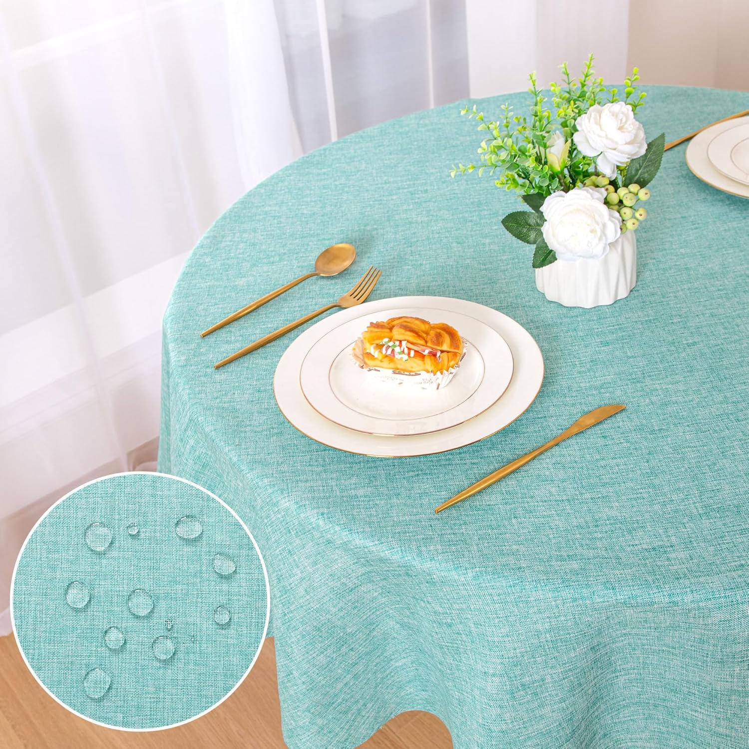 DWCN - Nappe ronde effet lin 180 cm, lavable, anti-tache, imperméable