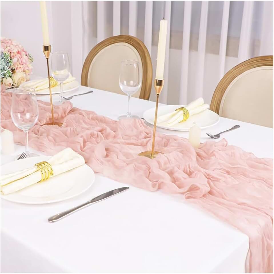 Chemin de table - gaze coton froissée rose 90x300cm style boho rustique