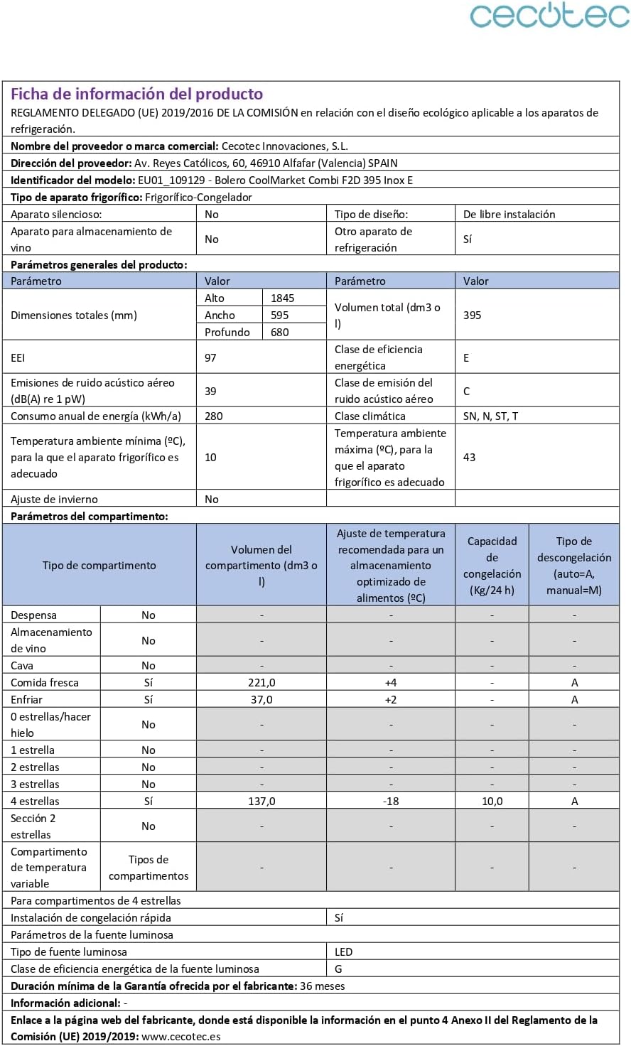Cecotec - Bolero CoolMarket Combi F2D - 201x59,5cm - 395L, No Frost, Maxi Efficacité, F2D395