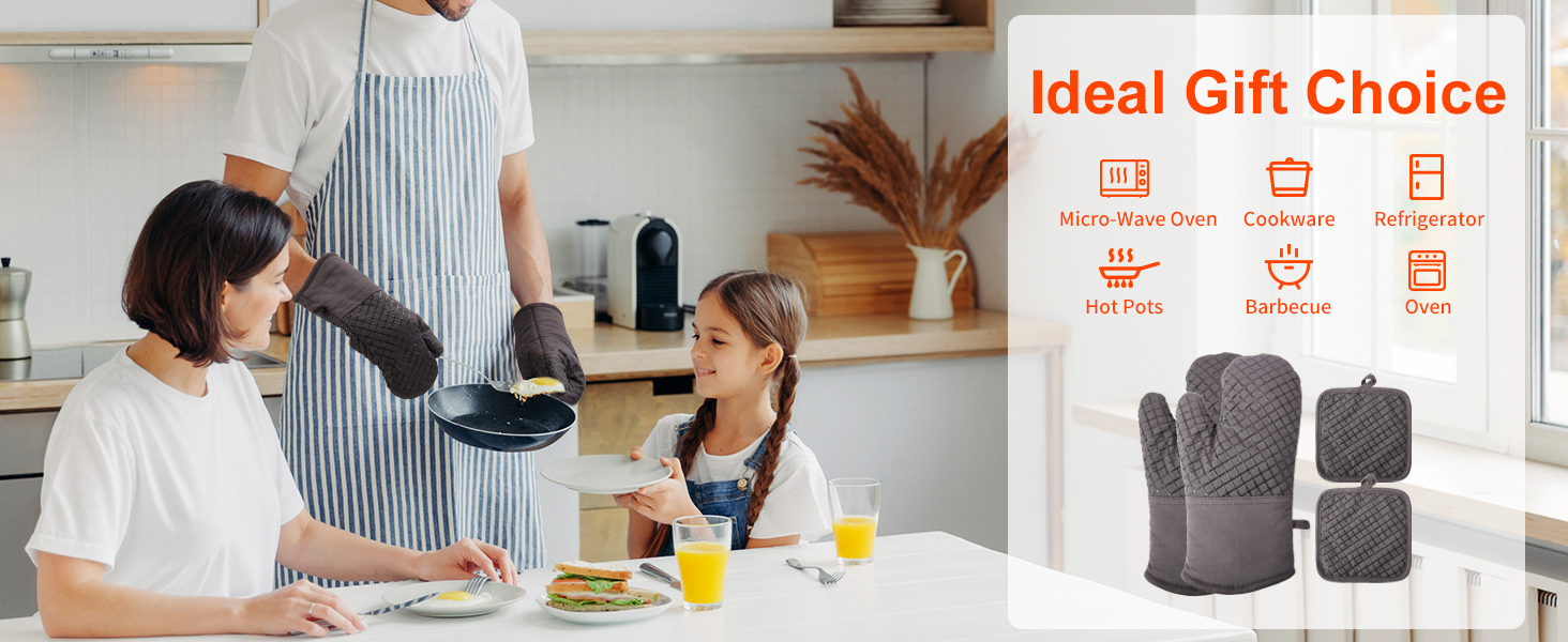 Scène de cuisine avec cuisine familiale. L'encart montre des gants de cuisine et des icônes indiquant que le cadeau convient à diverses activités de