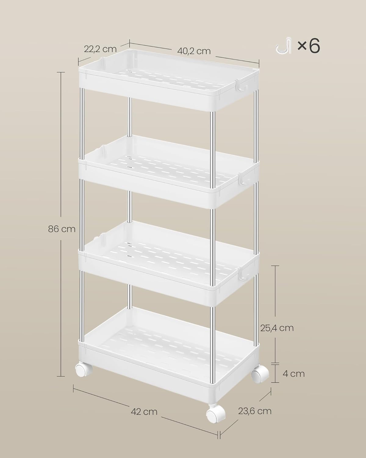 SONGMICS - chariot cuisine 4 niveaux, acier, 23,6x42x86cm, 6 crochets, KSC10WT