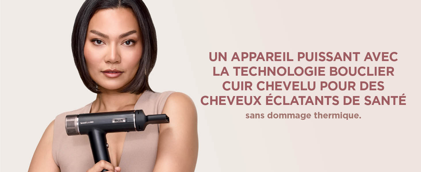 Le texte se lit comme suit : « UN APPAREIL PUISSANT AVEC », « LA TECHNOLOGIE BOUCLER LES CHEVEUX POUR DES CHEVEUX ÉCLATANTS DE SANTÉ », « sans dommage thermique ». Mise en page publicitaire de produits de coiffure.