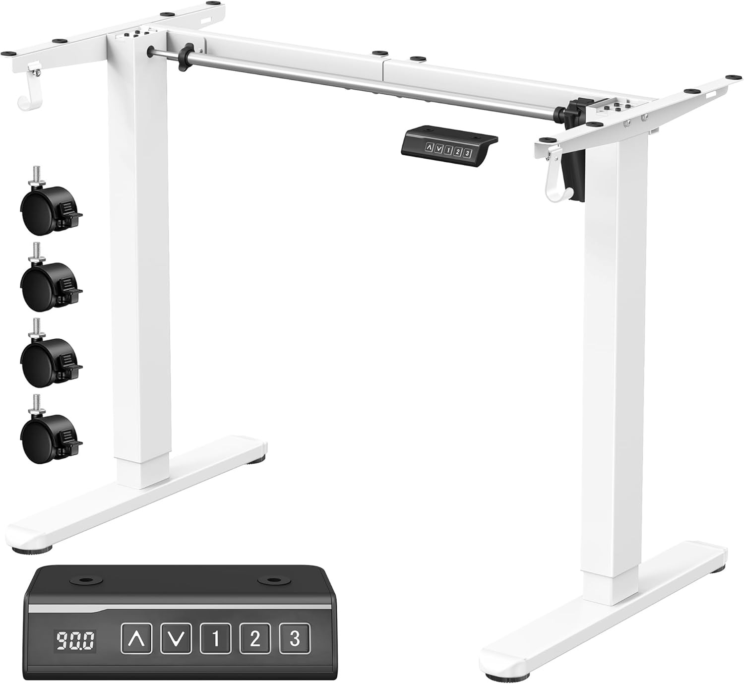 VASAGLE - bureau assis-debout, acier blanc, 3 hauteurs, 2 crochets, LSD021W01V2