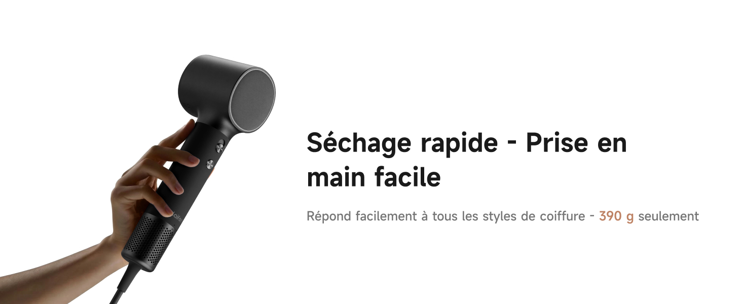 Le texte indique « Séchage rapide - Prise en main facile », suivi d'images de démonstration montrant un appareil de coiffure portatif en cours d'utilisation.