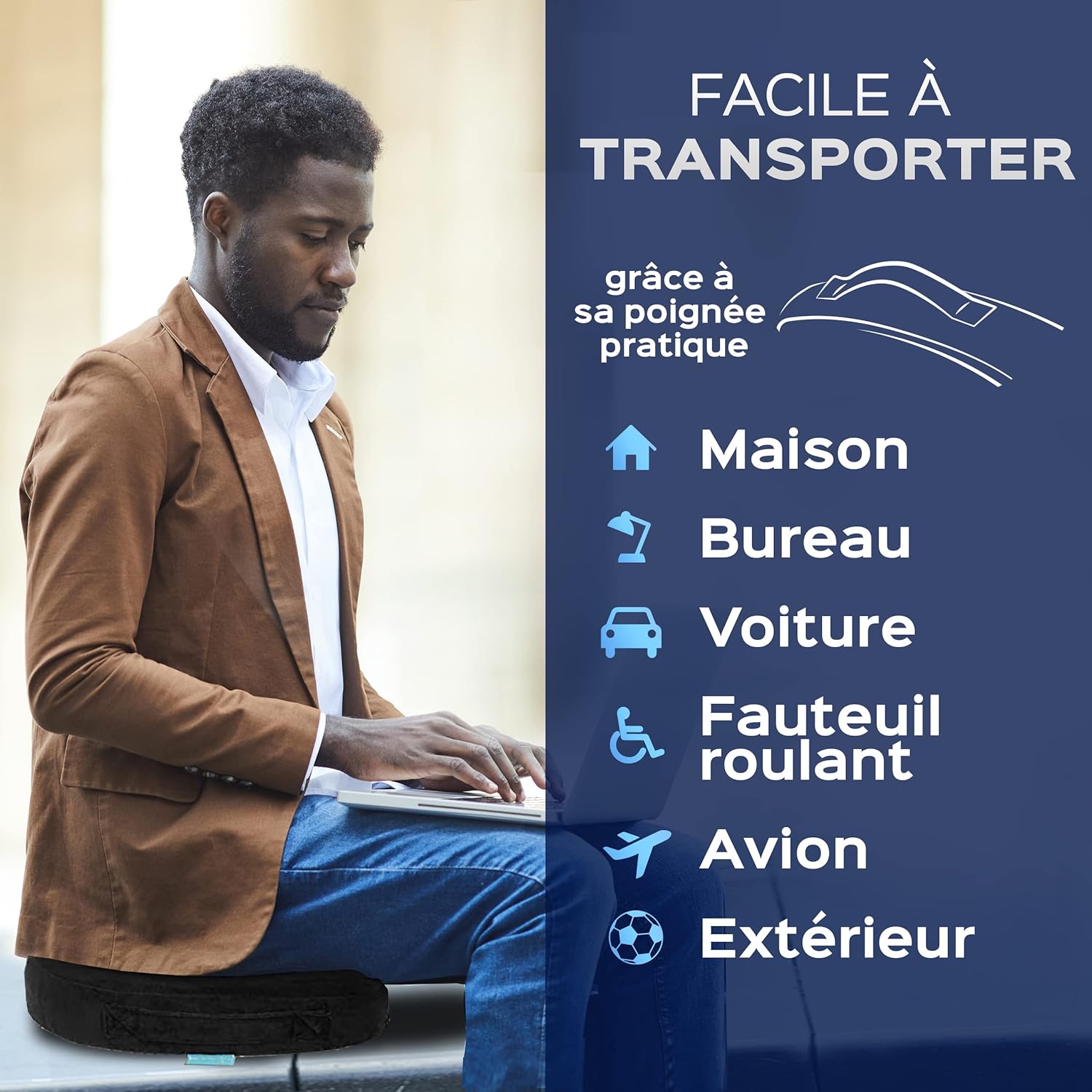 Coussin ergonomique mémoire de forme, large, bleu, soulage sciatique et lombaire