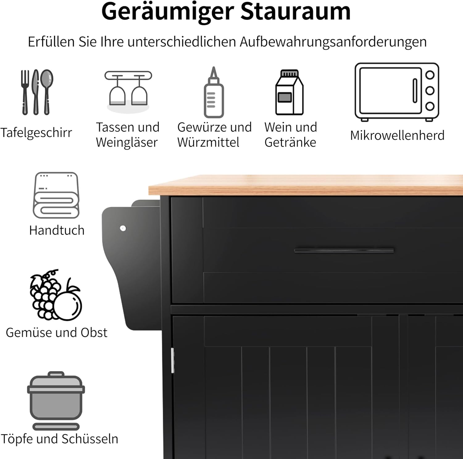 Desserte îlot cuisine - plan rabattable, rangements, roulettes - 129x71x91,5cm