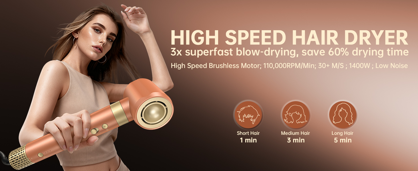 Le texte indique « SÈCHE-CHEVEUX HAUTE VITESSE ». La bannière du produit présente un design élégant de sèche-cheveux avec des spécifications indiquées par des icônes pour différents réglages de vitesse et de température.