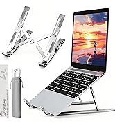 Plusieurs vues du support argenté pour ordinateur portable présenté dans différentes positions, montrant des angles réglables et un mécanisme de pliage avec écran pour ordinateur portable.