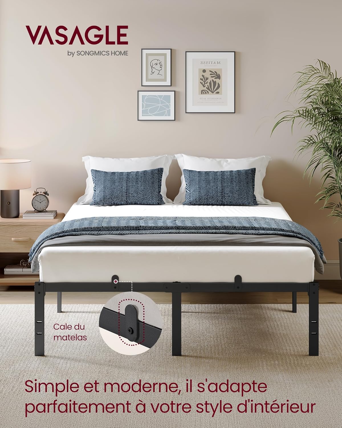 VASAGLE - Cadre de lit moderne - 140x190 cm - métal, rangement, RMB153BD01