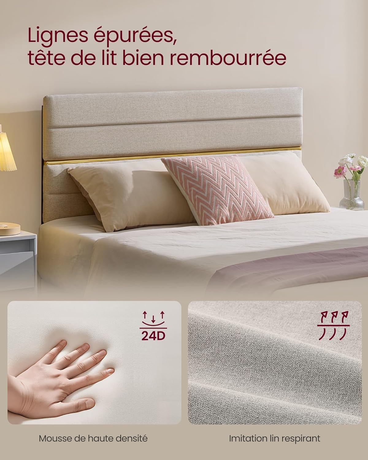 VASAGLE - lit double moderne - 140x190 cm - tête de lit rembourrée réglable, métal et bois massif - RMB503W01