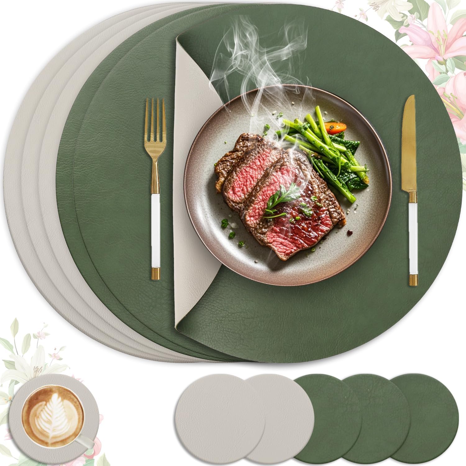 Set de table - lot de 6, cuir PU, 36x36cm, lavable, antidérapant