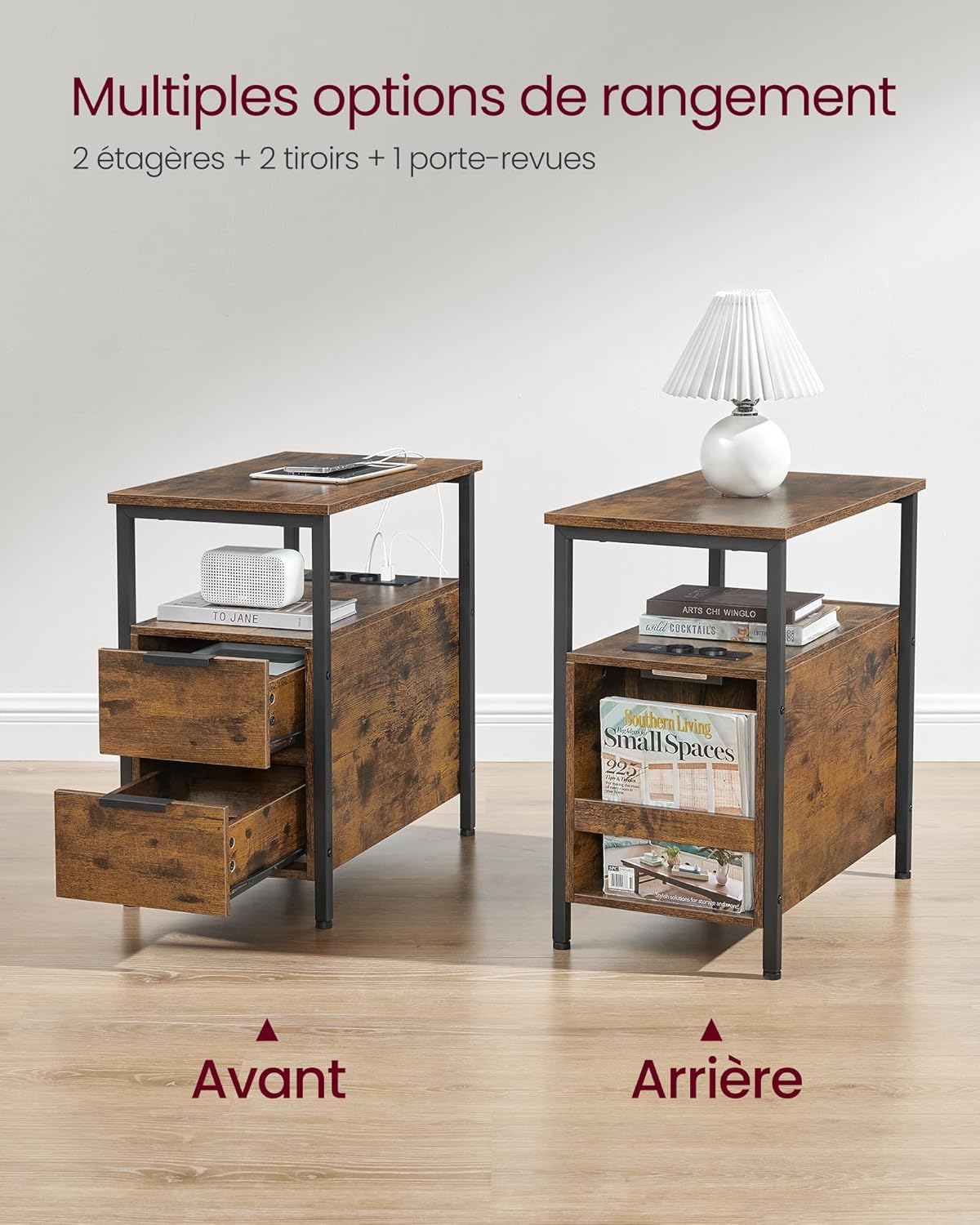 VASAGLE - table d'appoint 2 tiroirs, multiprise, rangement, 35x30x70cm - LET325B01