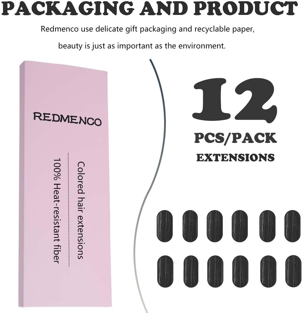 Extensions cheveux colorées à clipser, 12 pcs, noir, mèches longues