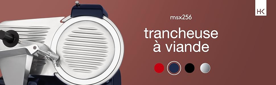 Le texte indique « trancheuse a viande ». Plusieurs vues d'un appareil de tranchage de viande en acier inoxydable sur fond brun.