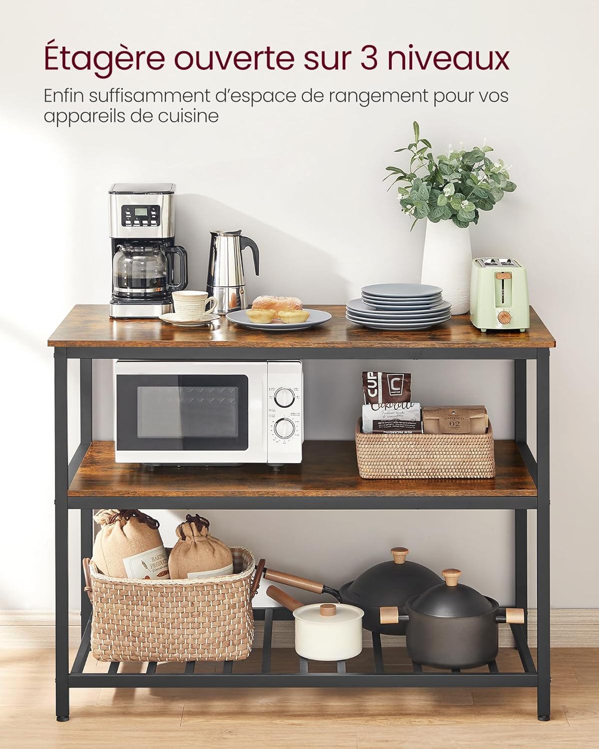 VASAGLE - étagère de boulanger - 120x60x90 cm - grand plan de travail, acier stable, marron rustique