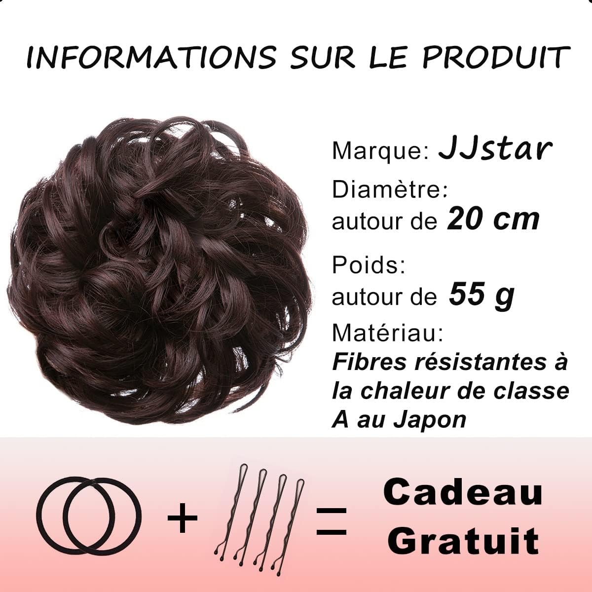 JJstar - Chignon postiche bouclé, élastique, marron châtaigne, naturel