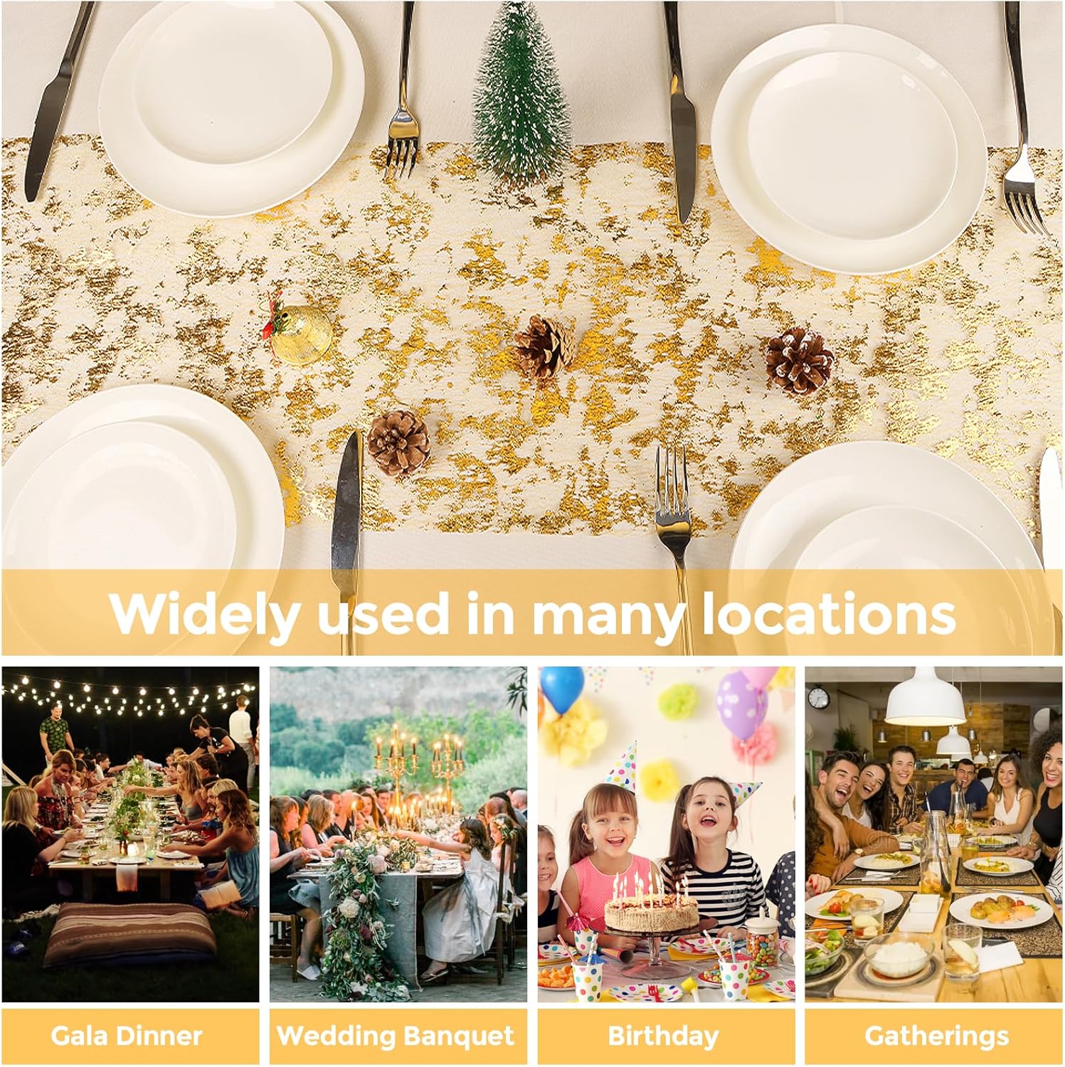 Chemin de Table Filet - feuille d'or - 28x1000cm - polyester, lot de 2