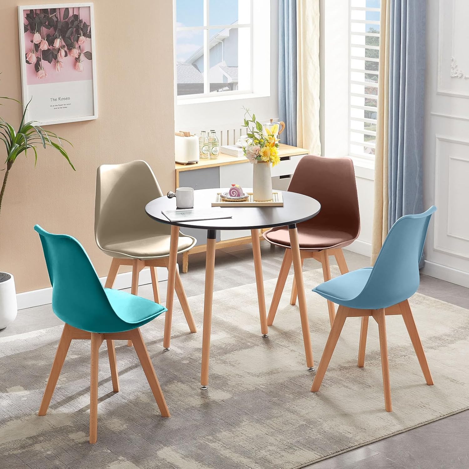 EGGREE - Lot de 4 chaises scandinaves, bois hêtre, assise rembourrée, coloris Morandi, design rétro