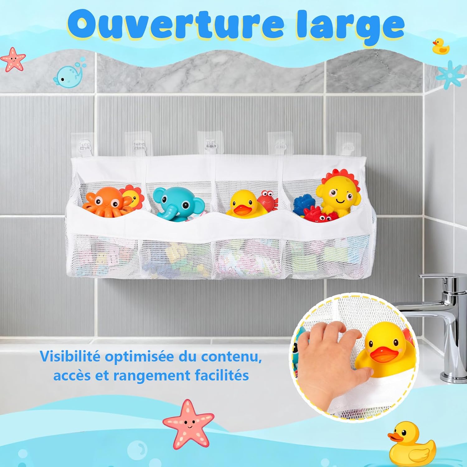 Sac de rangement jouet bain - 4 compartiments - filet blanc suspendu, organiseur jouets, stockage facile salle de bain