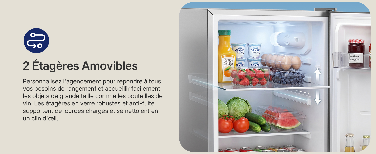 Le texte indique « 2 Etagères Amovibles ». Vue intérieure du réfrigérateur avec étagères en verre réglables, montrant l'espace de rangement pour les produits et autres articles.