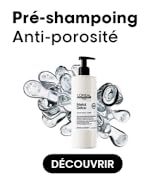 Le texte indique « Pré-shampoing » et « Anti porosité ». Démonstration de produit de soin capillaire montrant l'application d'un traitement pré-shampooing en plusieurs étapes sur un fond rayé coloré.