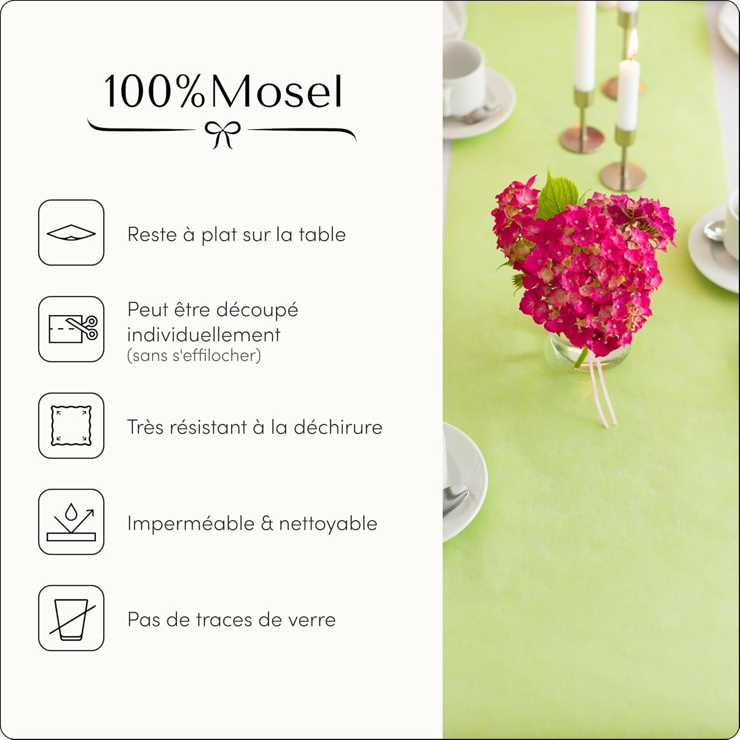 100%Mosel - chemin de table non-tissé - 30x2500cm - vert pastel, décor anniversaire, mariage