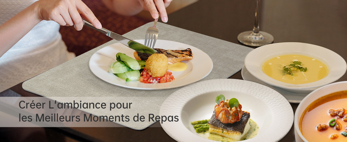 Le texte se lit comme suit : « Créer l'ambiance pour les Meilleurs Moments de Repas ». Plans intérieurs d'une salle à manger haut de gamme d'un restaurant avec des plats à l'assiette et un éclairage d'ambiance.