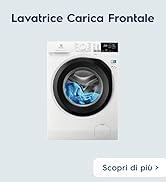 Le texte se lit comme suit : « Lavatrice Carica Frontale » et « Scopri di più > ». Série d'images montrant une machine à laver à chargement frontal avec porte circulaire et panneau de commande.