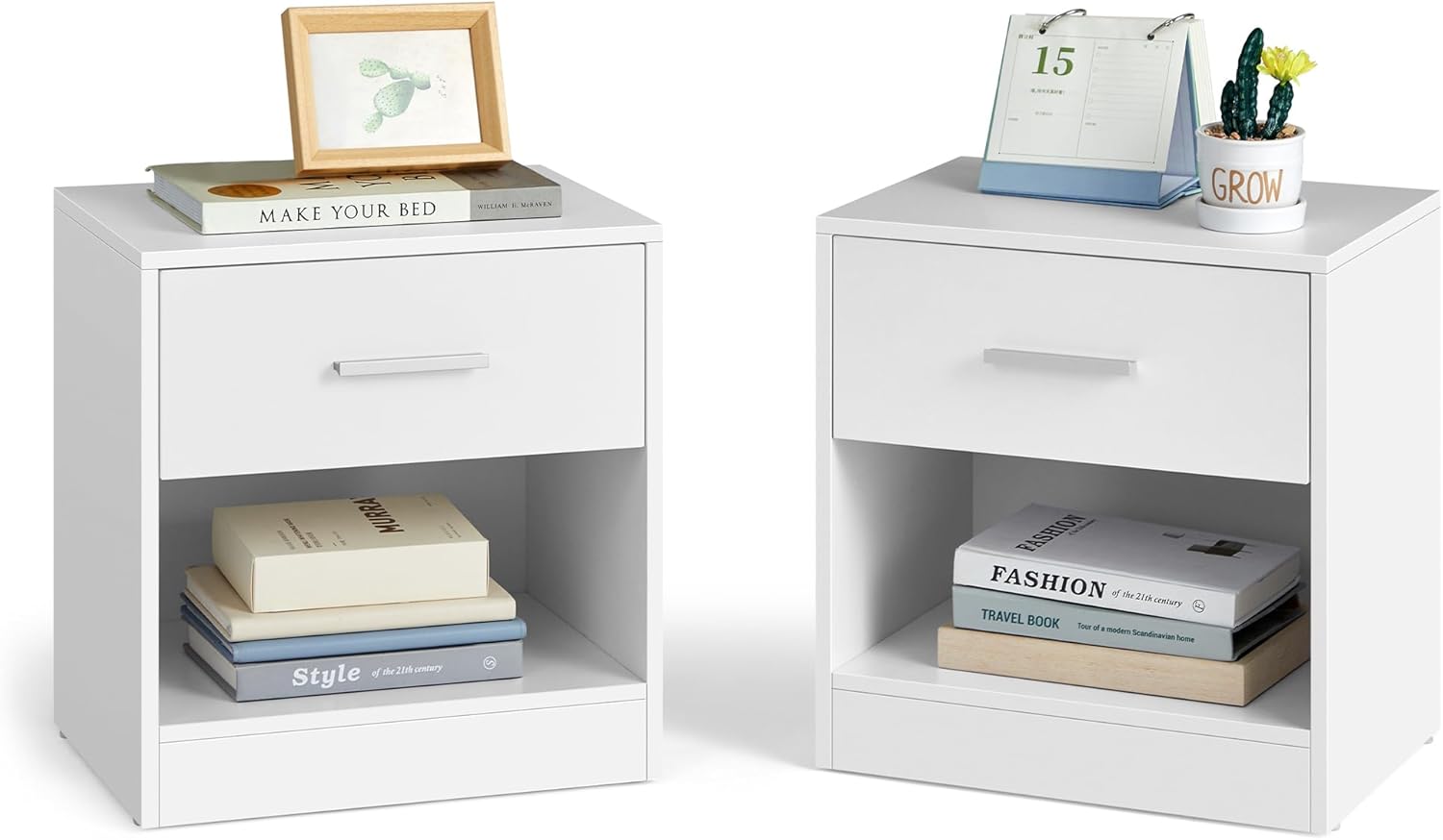 VASAGLE - Table de nuit lot de 2, 45x35x52cm, tiroir, compartiment ouvert, blanc classique, LET819T14