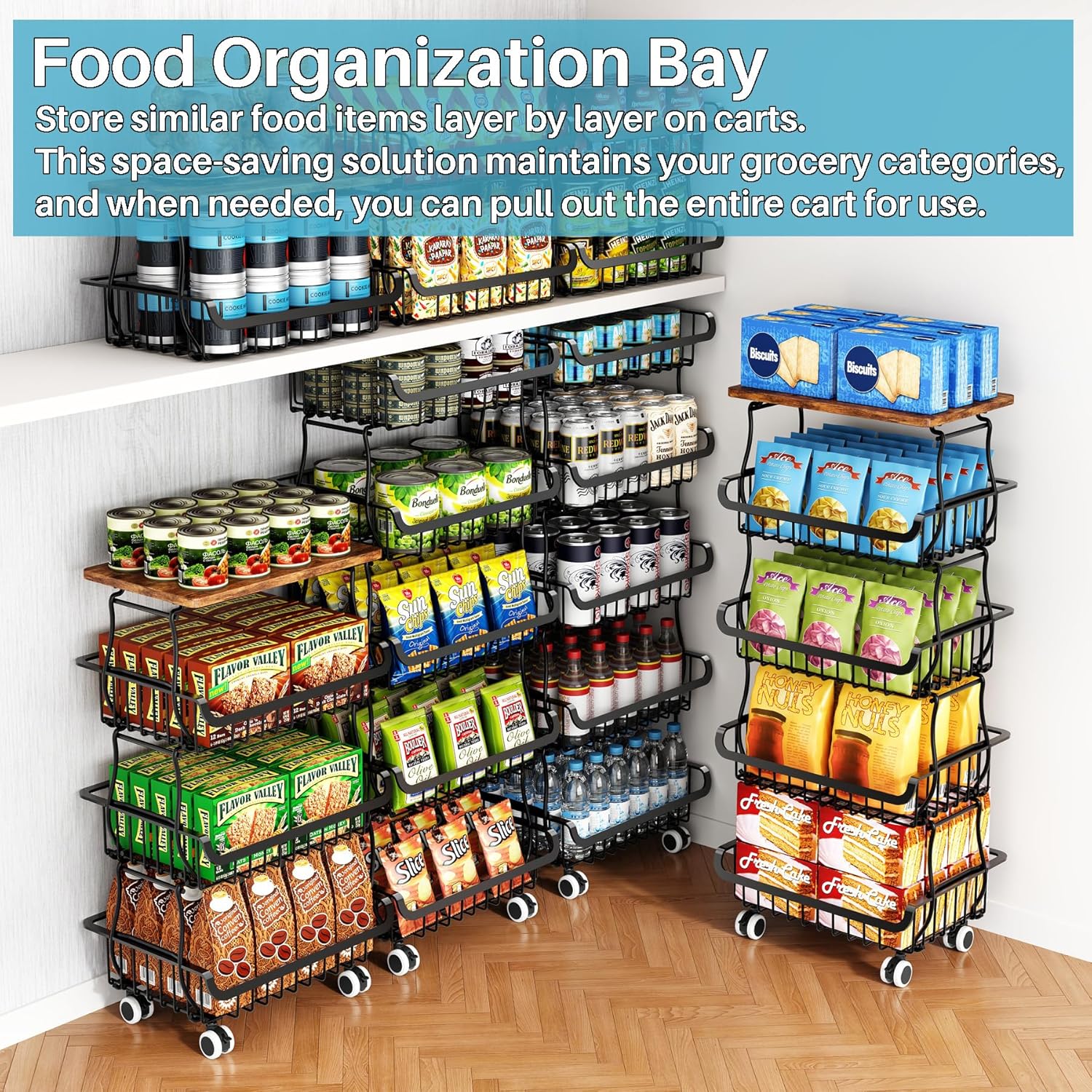 Corbeille à fruits et légumes - 5 niveaux, métal, empilable, roulettes, rangement cuisine