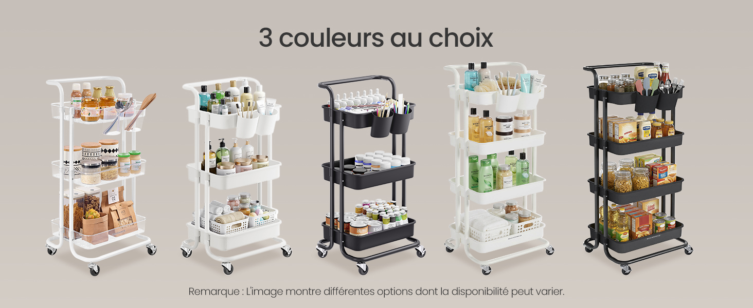 Le texte se lit comme suit : « 3 couleurs au choix ». Plusieurs chariots utilitaires présentés dans différentes configurations avec différents niveaux de stockage et options d'organisation.