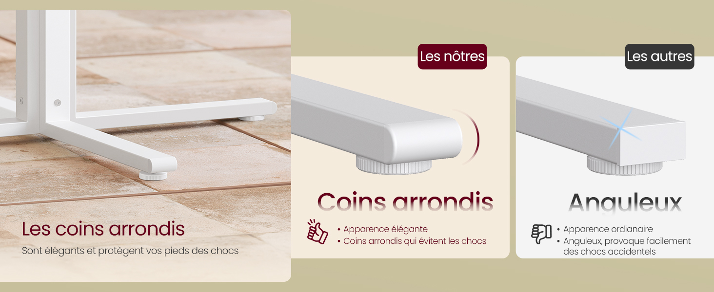 Comparaison des butées de porte arrondies et angulaires. La gauche montre le bouchon arrondi blanc installé, le centre et la droite affichent des diagrammes de coupe transversale contrastant des motifs arrondis et angulaires