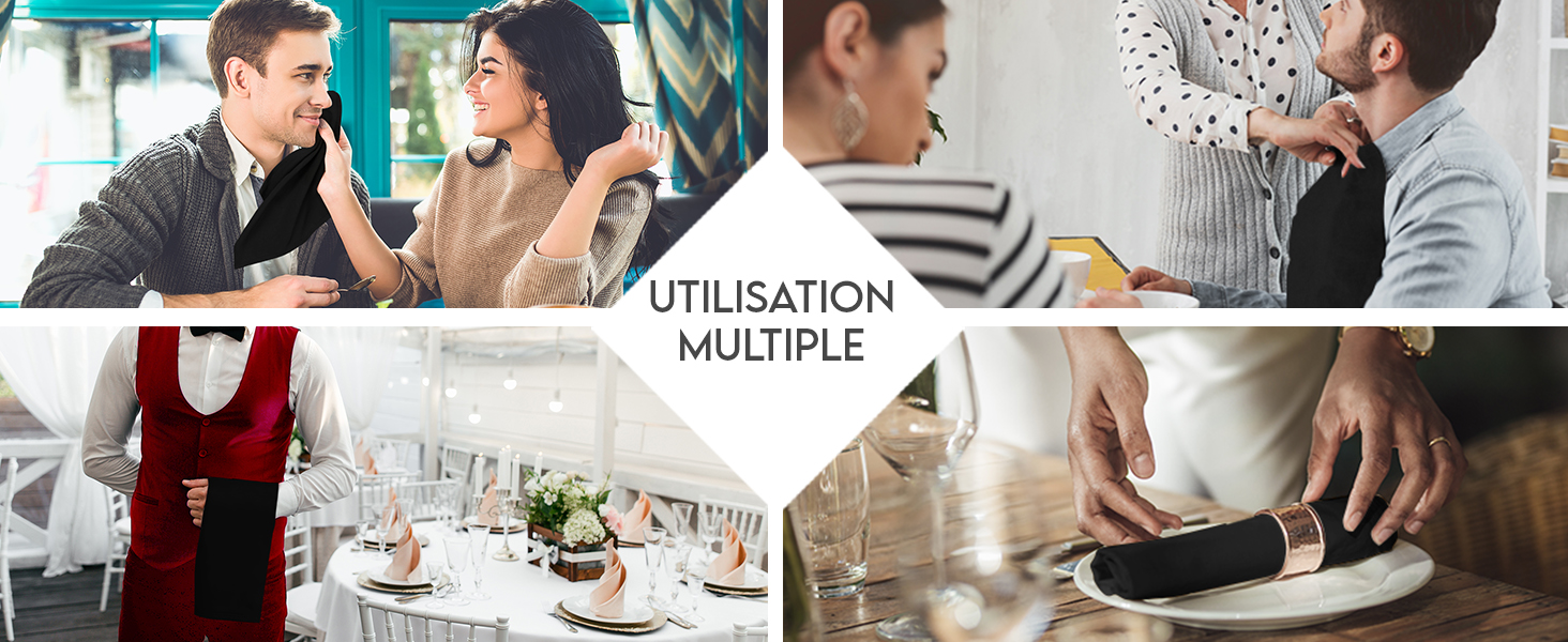 Image à panneaux multiples montrant des personnes dans divers contextes sociaux : dîner, conversation et ajustement des vêtements. Le texte indique « UTILISATION MULTIPLE »