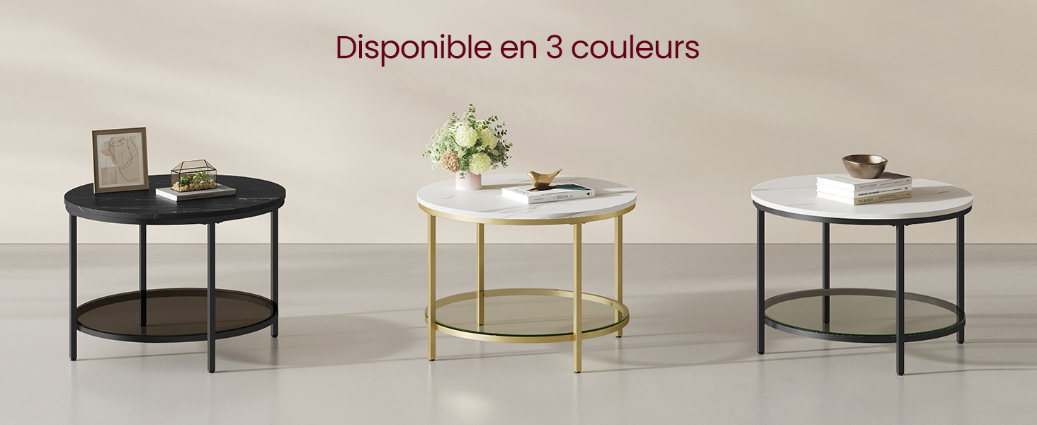 Trois tables d'appoint rondes au design à deux niveaux, présentées dans des finitions noire, blanche et dorée. Chacune est dotée d'une structure en métal et d'étagères assorties.