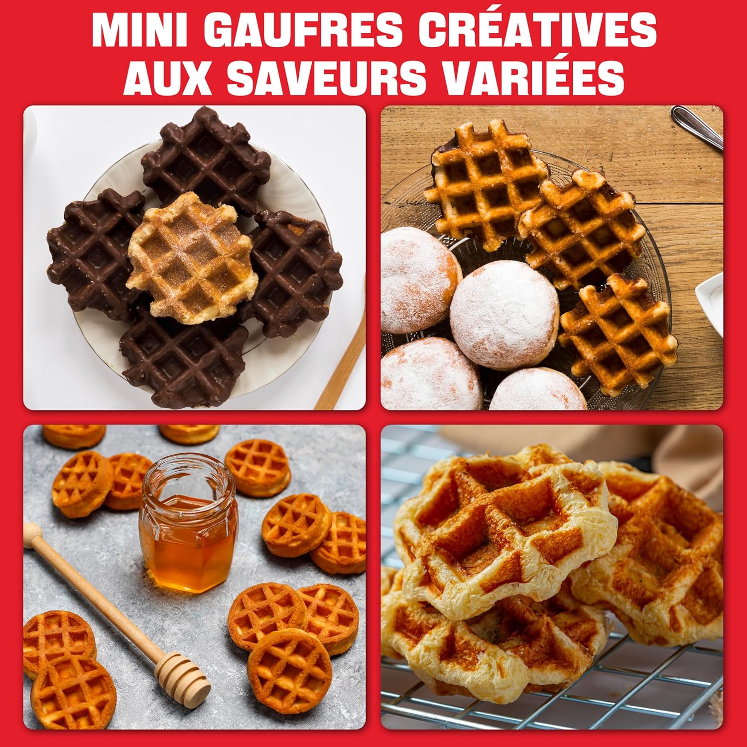 Mini Waffle Maker - petit gaufrier 8x5cm, compact, surface antiadhésive, recette incluse, blanc