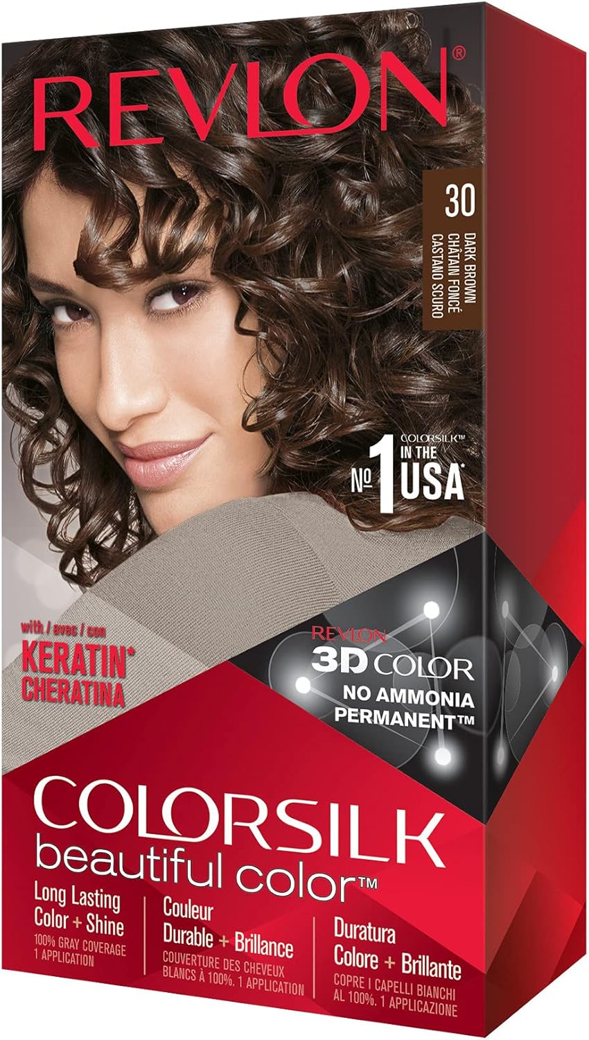 Revlon - Colorsilk Beautiful Color - coloration gel 3D, kératine, couvre 100% des cheveux blancs, 30 Châtain Foncé