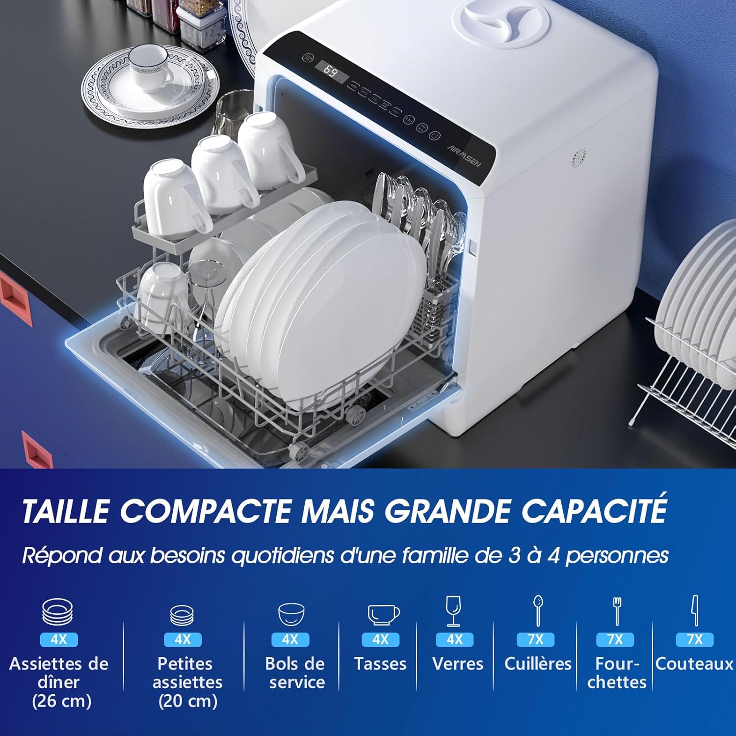 AIRMSEN - Mini lave-vaisselle compact, 5L, 6 programmes, écran LED