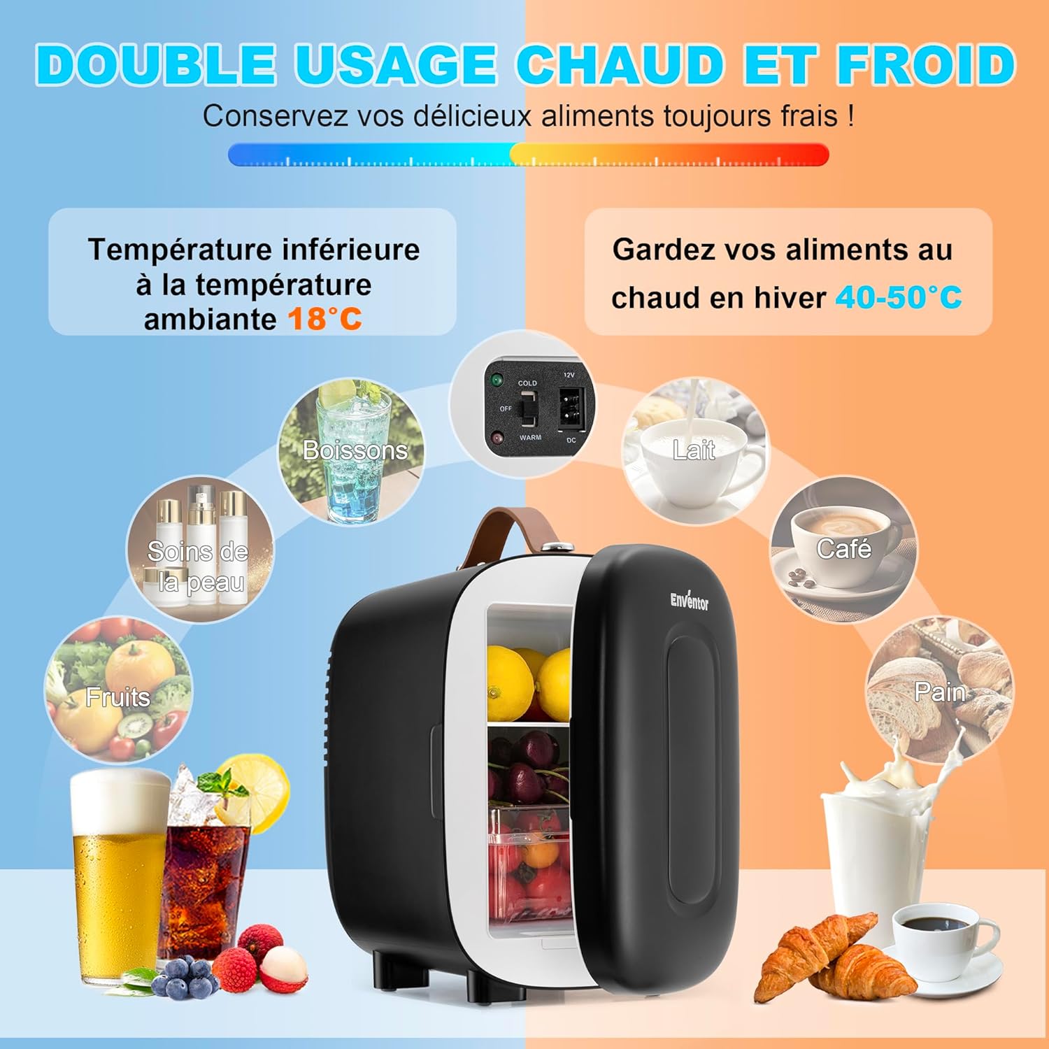 Enventor - Mini Frigo 4L/6 canettes - AC/12V - chaud et froid portable