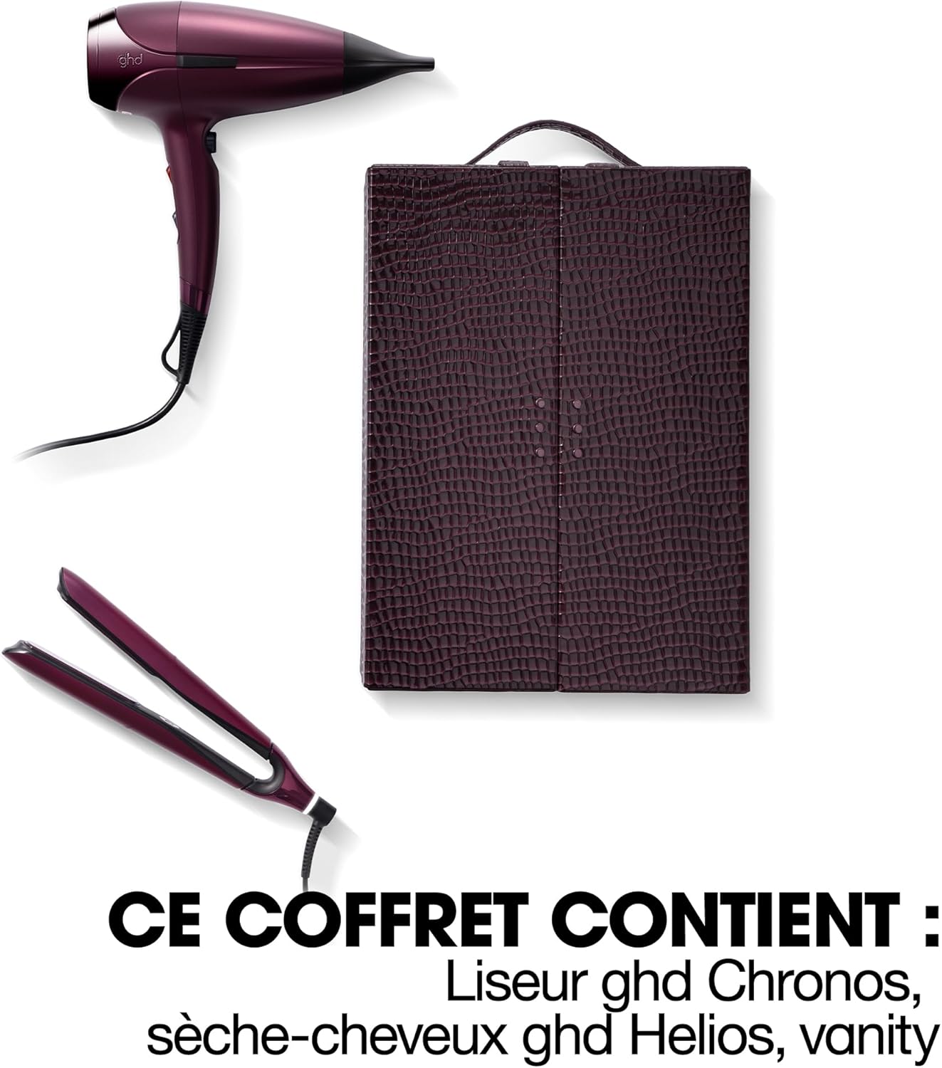 ghd - Coffret Chronos & Helios Bordeaux - lisseur rapide, sèche-cheveux puissant, vanity inclus
