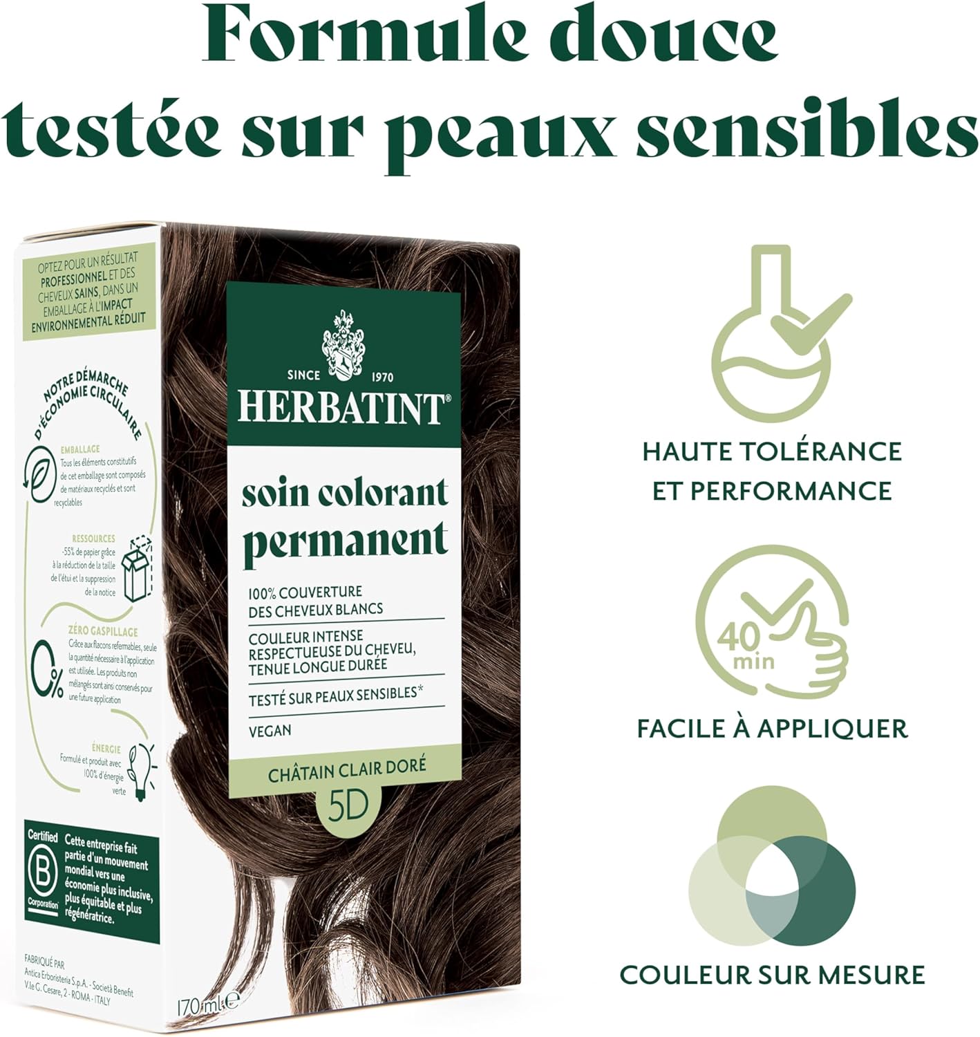 Herbatint - Soin Colorant Permanent 170ml - Châtain Clair Doré, sans ammoniaque, couvre les cheveux blancs, testé dermat