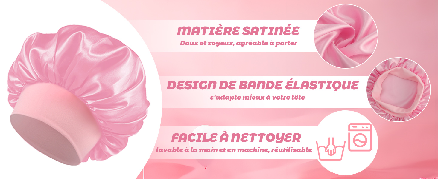 avec texte en français décrivant ses caractéristiques : matière satinée, design à bande élastique et facile à nettoyer