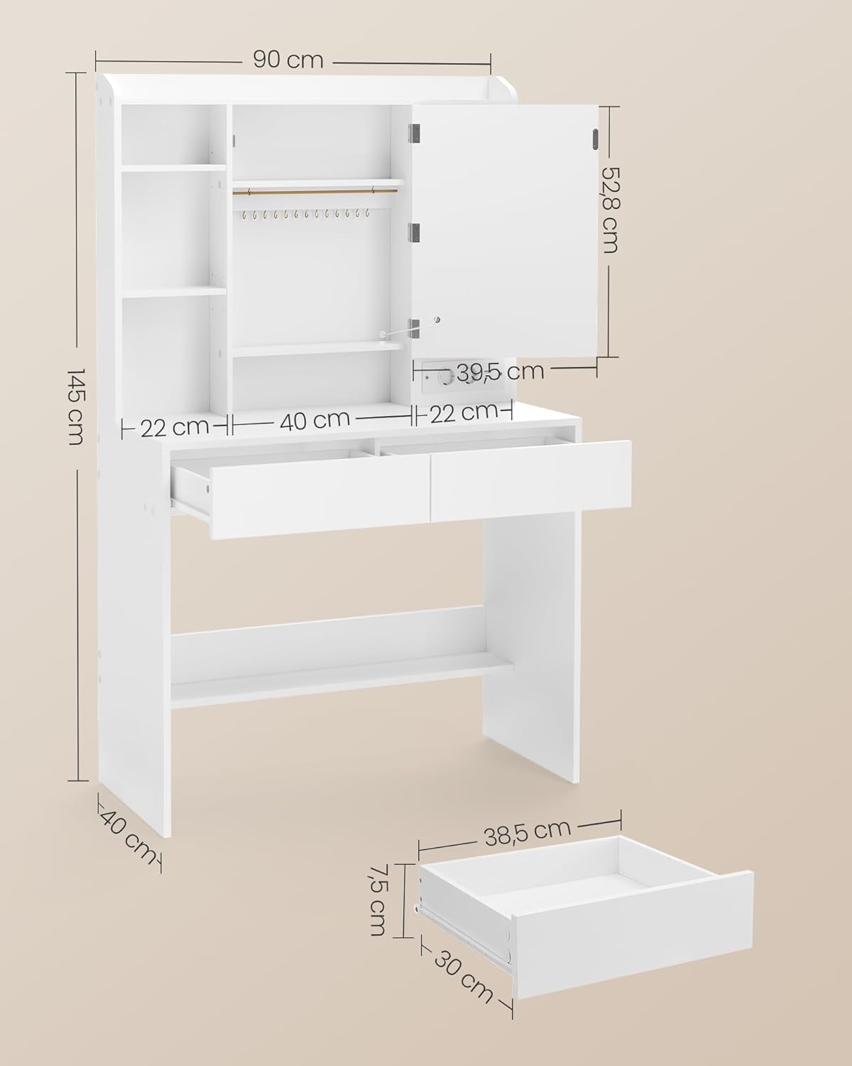 VASAGLE - coiffeuse Kailyn, blanche, miroir LED, 2 tiroirs, RDT143WB01