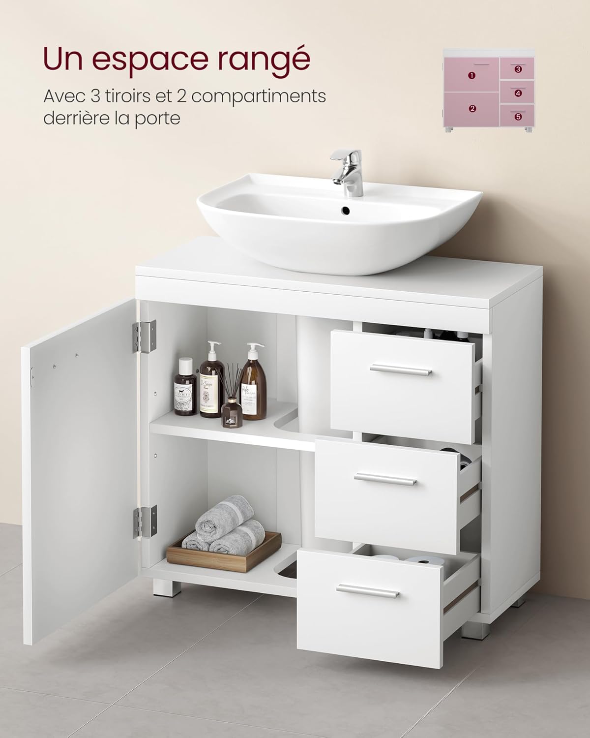 VASAGLE - meuble sous lavabo 70x30x64 cm, 3 tiroirs, blanc, BBK504W01