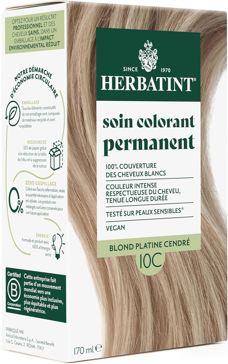 Herbatint - Coloration 10C - 170ml - sans ammoniaque, couverture cheveux blancs