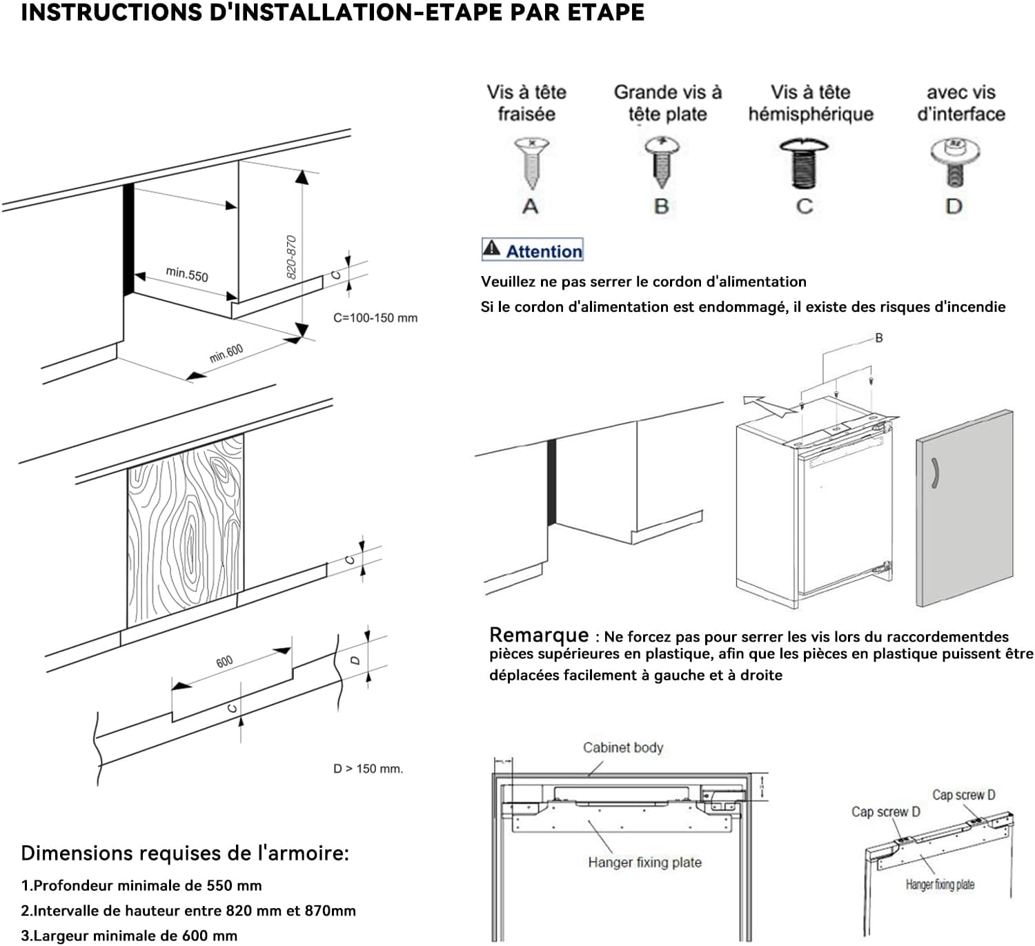 Réfrigérateur congélateur encastrable 82 cm, 96L, charnières réversibles, réglage température