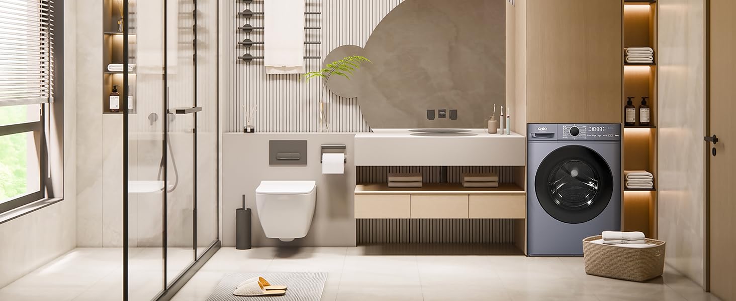 Intérieur de salle de bain moderne avec cabine de douche en verre, toilettes murales, vanité flottante et machine à laver dans une palette de couleurs neutres