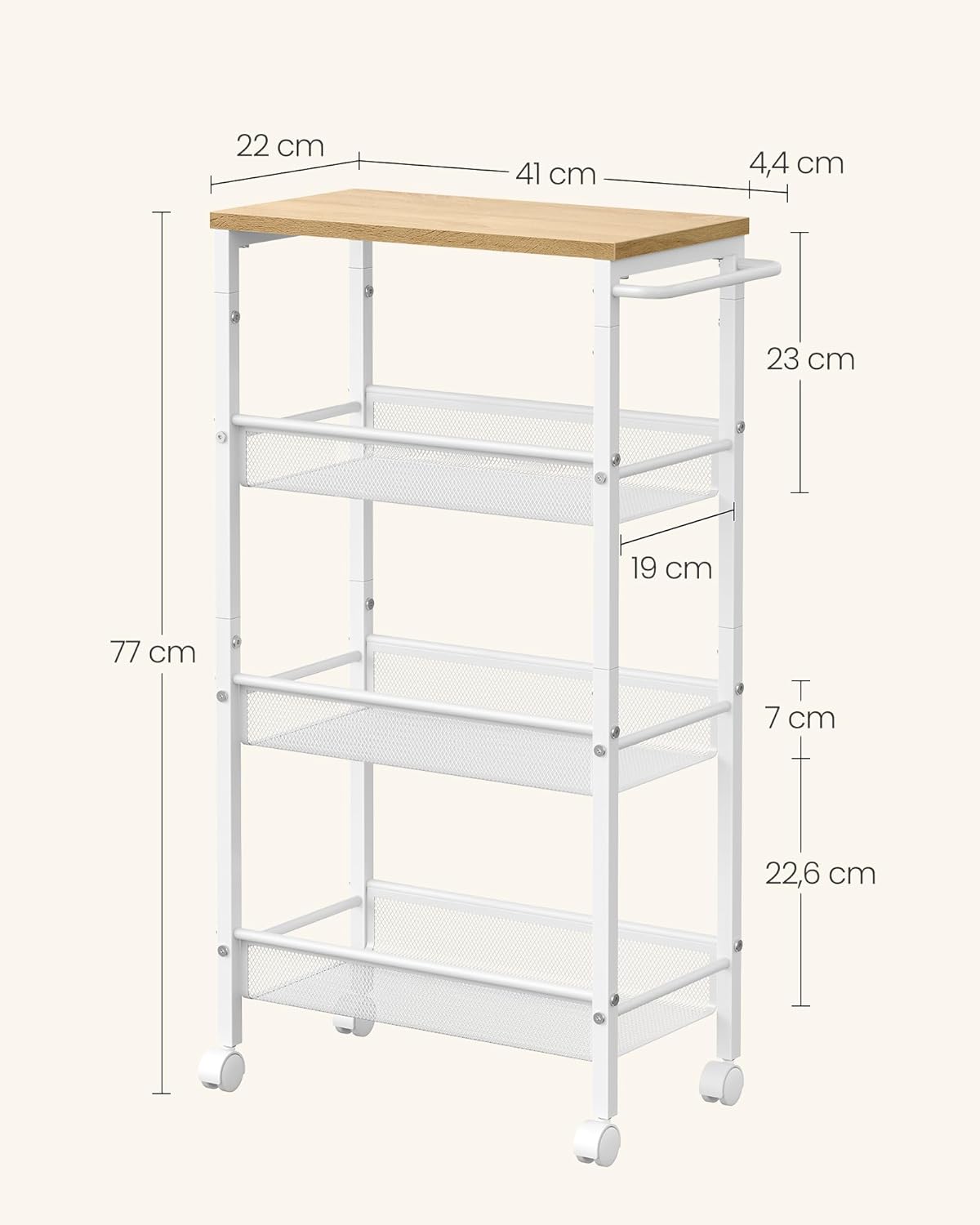 VASAGLE - étagère cuisine 4 niveaux - 22x45,4x77 cm - acier, roulettes, poignée, LRC033W09