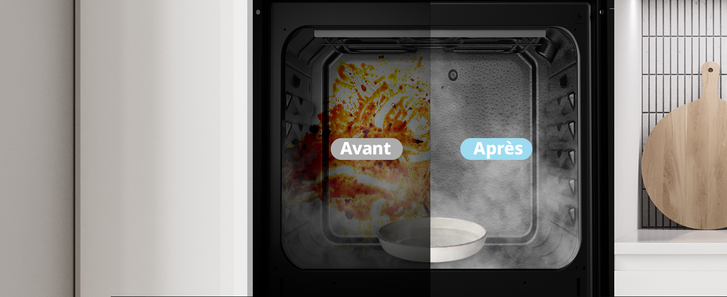 Vue en écran partagé de l'intérieur d'un four à micro-ondes, montrant un état « avant » (avant) sale avec des résidus alimentaires, et un état « après » propre, démontrant la capacité de nettoyage de l'appareil